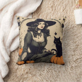 黒猫と美しいヴィンテージハロウィーンの魔女 クッション (ブランケット)