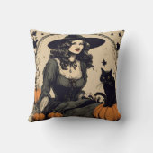 黒猫と美しいヴィンテージハロウィーンの魔女 クッション (裏面)