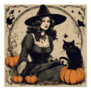 黒猫と美しいヴィンテージハロウィーンの魔女 ポスター
