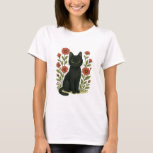 黒猫と花のガーデン　女性用Tシャツ
