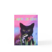 黒猫と花誕生日カード