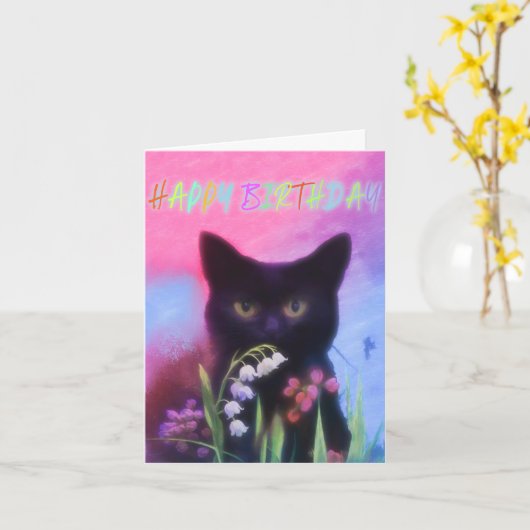 黒猫と花誕生日カード カード (黄色い花)