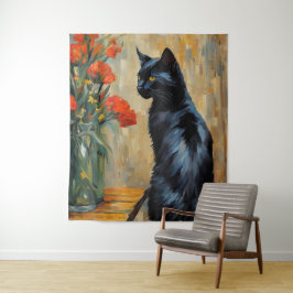 黒猫と花 タペストリー
