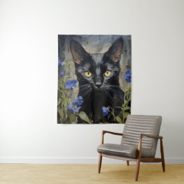 黒猫と花 タペストリー