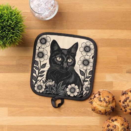 黒猫と花 鍋敷き (トップダウン)