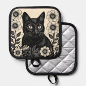 黒猫と花 鍋敷き (正面/裏面)