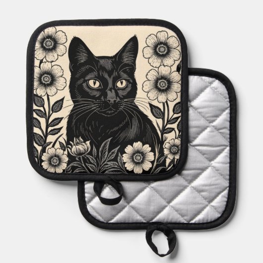 黒猫と花 鍋敷き (正面/裏面)