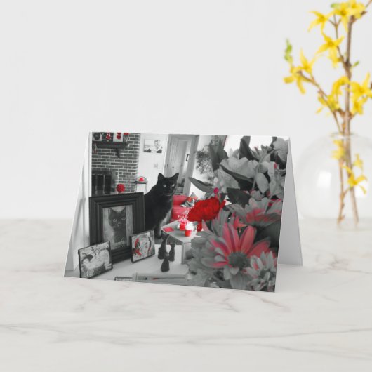 黒猫と赤い花母の日用カード カード (黄色い花)