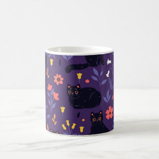 黒猫と野の花のデザイン コーヒーマグカップ