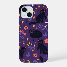 黒猫と野の花のデザイン iPhone 15ケース