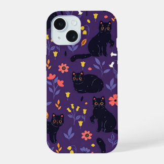 黒猫と野の花のデザイン iPhone 15ケース