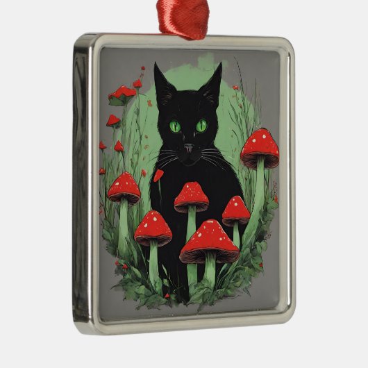 黒猫と野生の赤い森のキノコ メタルオーナメント (右)
