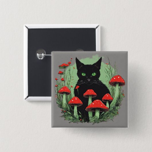 黒猫と野生の赤い森のキノコ 缶バッジ (正面&裏面)