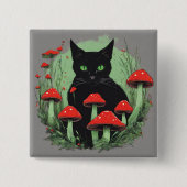 黒猫と野生の赤い森のキノコ 缶バッジ (正面)