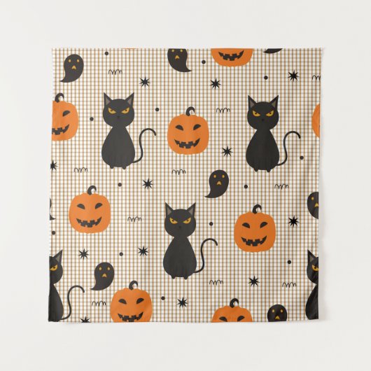 黒猫と雌猫のハロウィーンシームレスパターン タペストリー (正面)
