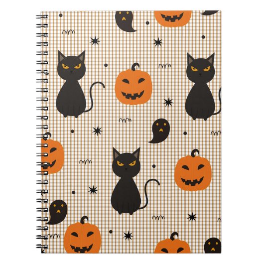 黒猫と雌猫のハロウィーンシームレスパターン ノートブック (正面)