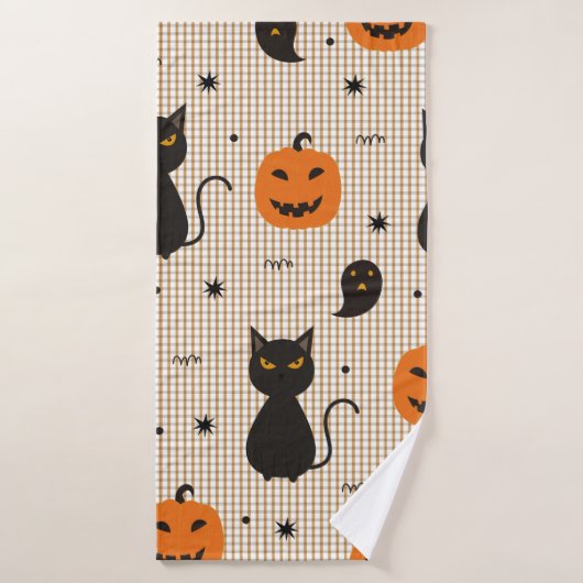 黒猫と雌猫のハロウィーンシームレスパターン バスタオル (バスタオル)