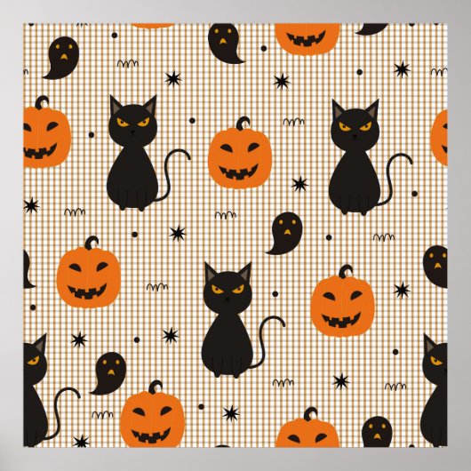 黒猫と雌猫のハロウィーンシームレスパターン ポスター (正面)