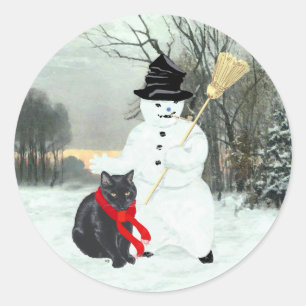 黒猫と雪だるま ラウンドシール