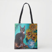 黒猫と青いターコイズのひまわり トートバッグ (正面)