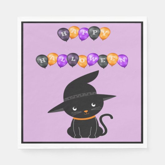 黒猫と魔女の帽子 ハッピーハロウィン 風船 スタンダードランチョンナプキン (正面)