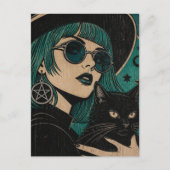 黒猫と魔女の浮世絵風プリント ポストカード (正面)