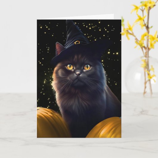 黒猫と魔女ハットカボチャハッピーハローウィン カード (黄色い花)