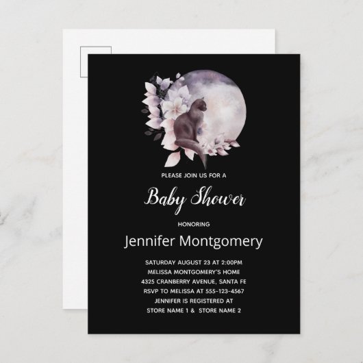 黒猫と魔法の満月の赤ちゃんシャワー インビテーションポストカード (正面/裏面)