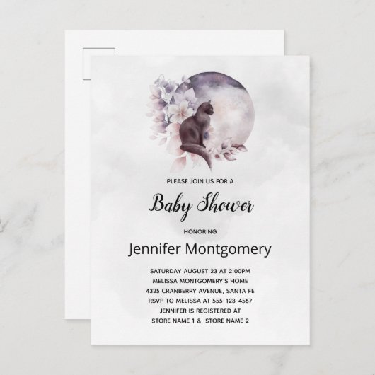 黒猫と魔法の満月の赤ちゃんシャワー インビテーションポストカード (正面/裏面)