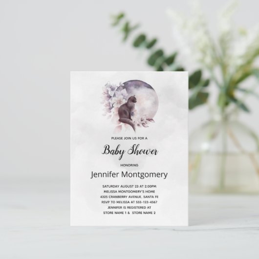 黒猫と魔法の満月の赤ちゃんシャワー インビテーションポストカード (スタンド正面)