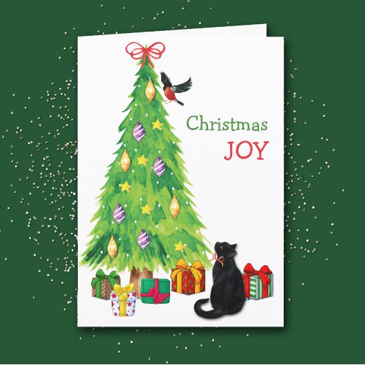 黒猫と鳥とクリスマスツリーの喜び シーズンカード