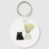 黒猫と黄色い花の花瓶 鉛筆画アート キーホルダー (正面)