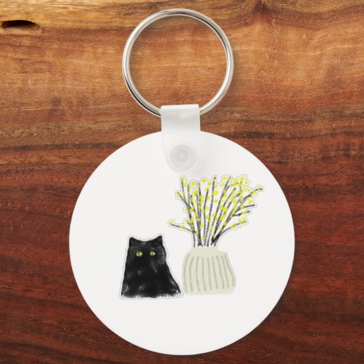 黒猫と黄色い花の花瓶 鉛筆画アート キーホルダー (正面)
