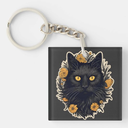 黒猫と黄色の花 キーホルダー (正面)