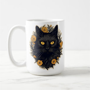 黒猫と黄色の花 コーヒーマグカップ