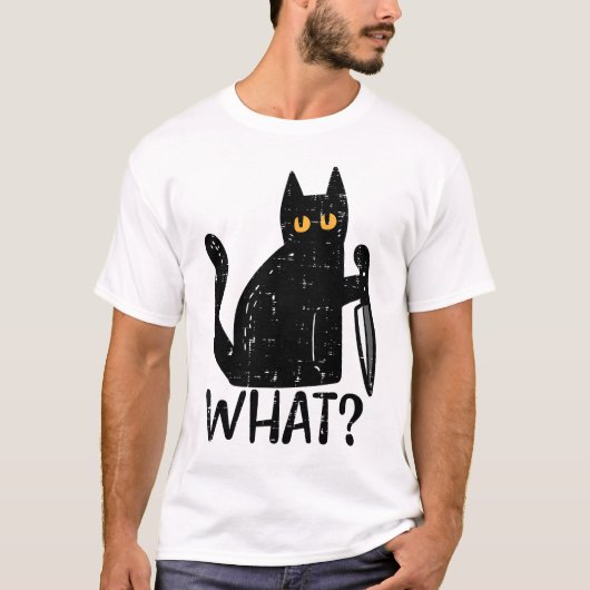 黒猫どのようなナイフの殺人おもしろいハロウィーン Tシャツ (正面)