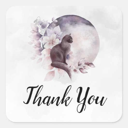 黒猫による幻想的な満月ありがとう スクエアシール (正面)