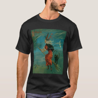 黒猫に乗った魔女のほうき ヴィンテージ ベクトル Tシャツ