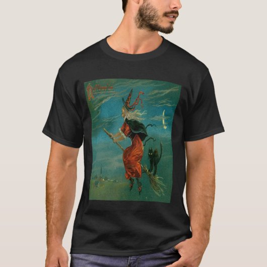 黒猫に乗った魔女のほうき ヴィンテージ ベクトル Tシャツ (正面)