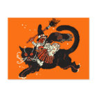 黒猫に乗っているヴィンテージの古い魔法使い