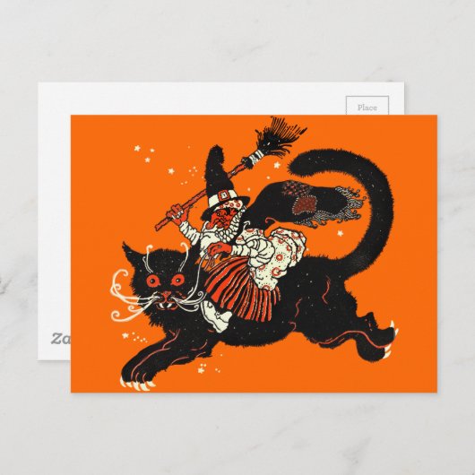黒猫に乗っているヴィンテージの古い魔法使い ポストカード (正面/裏面)