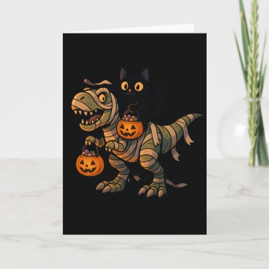 黒猫に乗られたミイラのティラノサウルス – かわいいハロウィーンの恐竜 カード (正面)