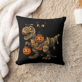 黒猫に乗られたミイラのティラノサウルス – かわいいハロウィーンの恐竜 クッション
