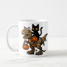 黒猫に乗られたミイラのティラノサウルス – かわいいハロウィーンの恐竜 コーヒーマグカップ