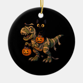 黒猫に乗られたミイラのティラノサウルス – かわいいハロウィーンの恐竜 セラミックオーナメント