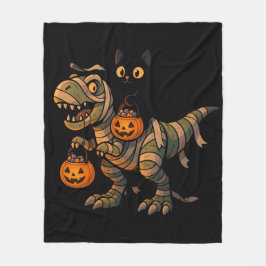 黒猫に乗られたミイラのティラノサウルス – かわいいハロウィーンの恐竜 フリースブランケット