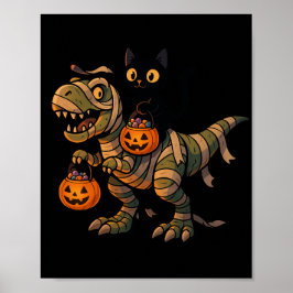 黒猫に乗られたミイラのティラノサウルス – かわいいハロウィーンの恐竜 ポスター