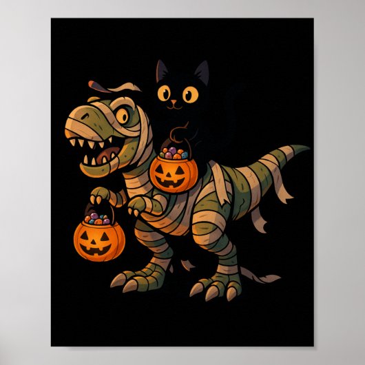 黒猫に乗られたミイラのティラノサウルス – かわいいハロウィーンの恐竜 ポスター (正面)