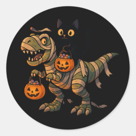 黒猫に乗られたミイラのティラノサウルス – かわいいハロウィーンの恐竜 ラウンドシール
