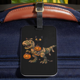 黒猫に乗られたミイラのティラノサウルス – かわいいハロウィーンの恐竜 ラゲッジタグ